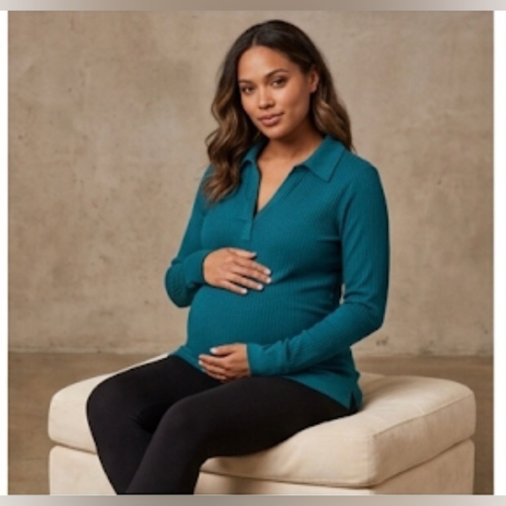 Thyme Maternity Teal Long Sleeve Ribbed Polo Top